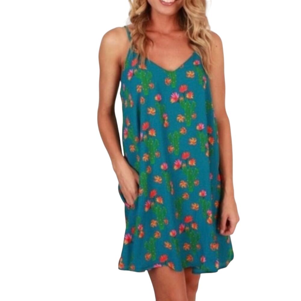 Peach Love California Cactus Mini Swing Dress Jade Fun Cute Desert Pockets